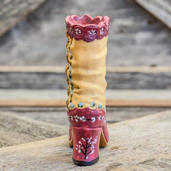 Victorian Style Cream & Mauve Floral Lace Up Heeled Boot Resin Figurine - Picture 4 of 8